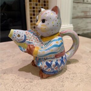 Cat Holding Fish Teapot Hand Painted World Bazaars Inc.